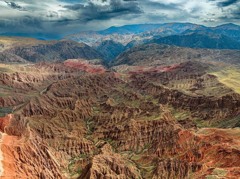 Eroded mountain landscape, canyon with red and orange rock formations, aerial view, Konorchek Canyon, Chuy, Kyrgyzstan, Asia