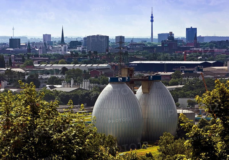 City panorama from Deusenberg with digesters and Florianturm, Dortmund, Ruhr area, North Rhine-Westphalia, Germany, Europe