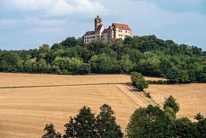 Ronneburg Castle, knight's castle from the Middle Ages, harvested grain fields, field, hill, forest, dry cultural landscape, Ronneburger Hügelland, Main-Kinzig-Kreis, Hesse, Germany, Europe