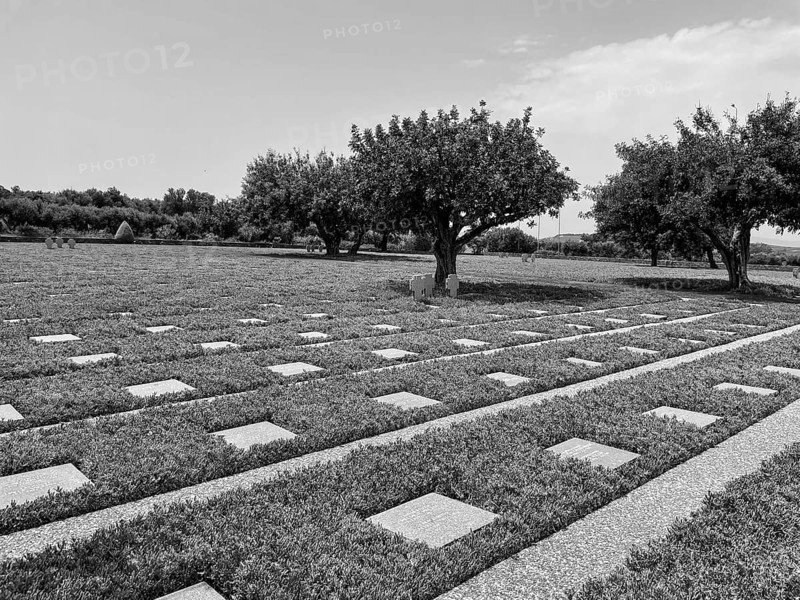 Black and white photo of part of 1974 by Volksbund Deutsche Kriegsgräberfürsorge inaugurated German military cemetery on former battlefield in World War II heavily contested hill height 107, Maleme, Crete, Greece, Europe
