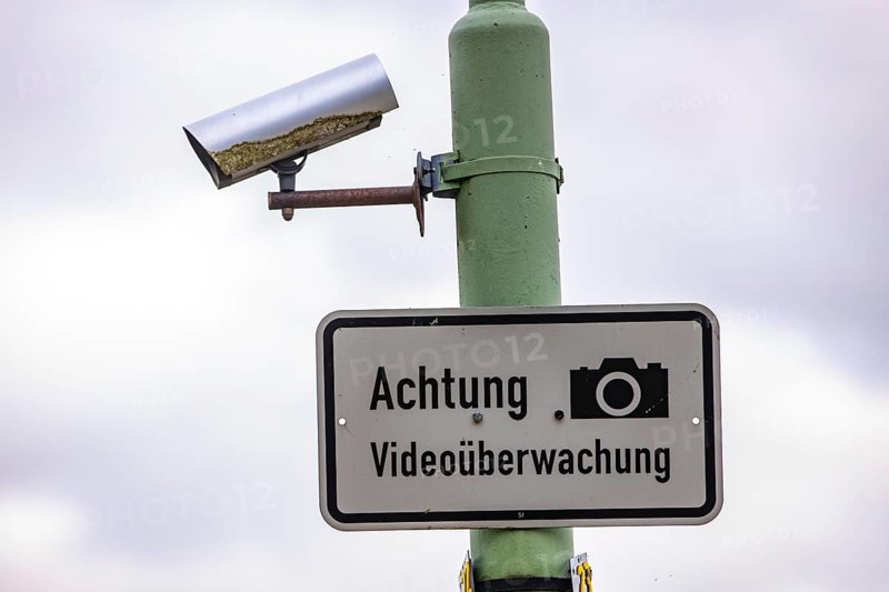Video surveillance, old town centre of Monschau, Eifel, North Rhine-Westphalia, information sign, video camera