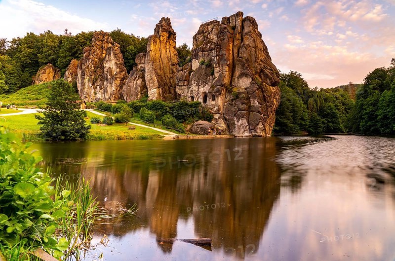 The Externsteine, a sandstone rock formation, Wiembecketeich, in the Teutoburg Forest, near Horn-Bad Meinberg, Lippe district, North Rhine-Westphalia, Germany, Europe
