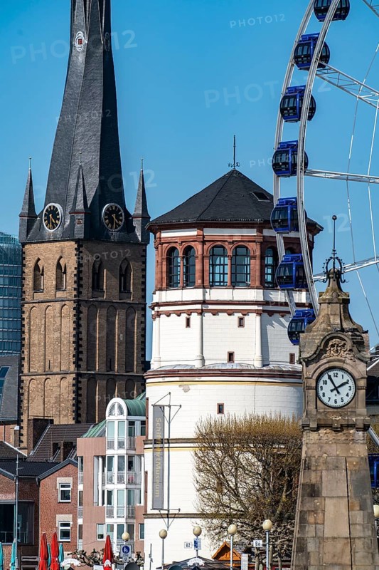 Rhine promenade in Düsseldorf, Ferris wheel, old castle tower, St Lambert's Basilica, old town, spring, North Rhine-Westphalia, Germany, Europe
