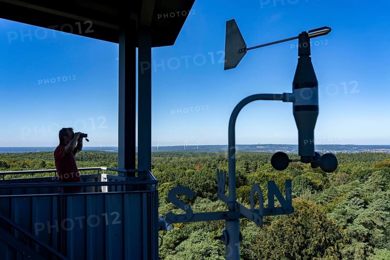 Fire watch tower on the Rennberg, near Flaesheim, Haltern am See, in the Haard forest area, one of 3 fire watch towers in the region, manned from April to October in dry weather conditions, part of the fire monitoring system, North Rhine-Westphalia, Germany, Europe