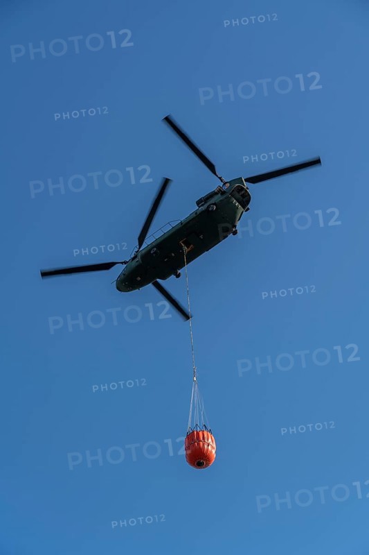 Forest fire in the German-Dutch border region near Niederkrüchten-Elmpt, in a nature reserve, use of fire-fighting helicopters, Boeing CH-47 Chinook helicopter, of the Dutch Air Force with extinguishing water tank, Bambi Bucket max