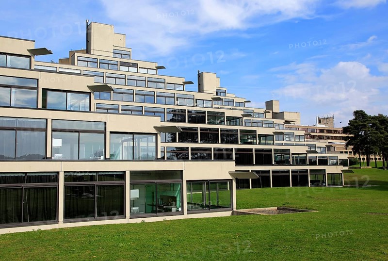 Student accommodation buildings known as Ziggurats, campus of University of East Anglia, Norwich, Norfolk, England, UK