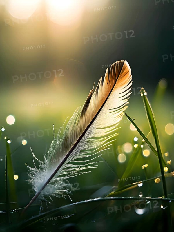 A lone feather resting gently on a dew-covered grassy field, with soft morning light illuminating the delicate details, AI generated