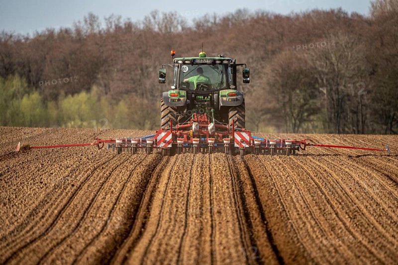 Sugar beet being sown in spring, precision sowing with precision seed drill, behind a tractor, Niederkrüchten, North Rhine-Westphalia, Germany, Europe