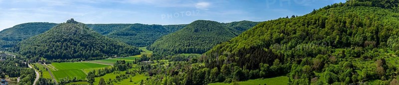 Albtrauf near Bad Urach, landscape of the Swabian Alb. Drone photo of the Hohenurach castle ruins. Bad Urach, Baden-Württemberg, Germany, Europe