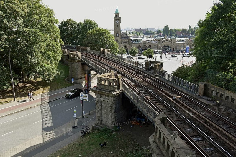 Europe, Germany, Hanseatic City of Hamburg, underground at the harbour, Landungsbrücken station, viaduct over Helgoländer Allee with view to the glass tower, U3, Europe