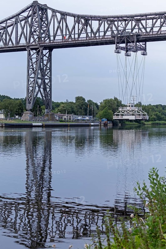 High bridge, transporter bridge, reflection, Kiel Canal, Rendsburg, Schleswig-Holstein, Germany, Europe