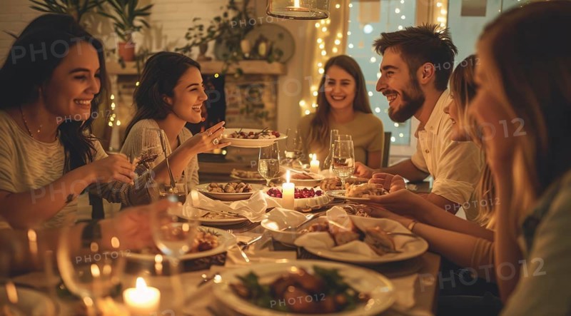 A group of people are sitting around a table with plates of food and celebrating, AI generated