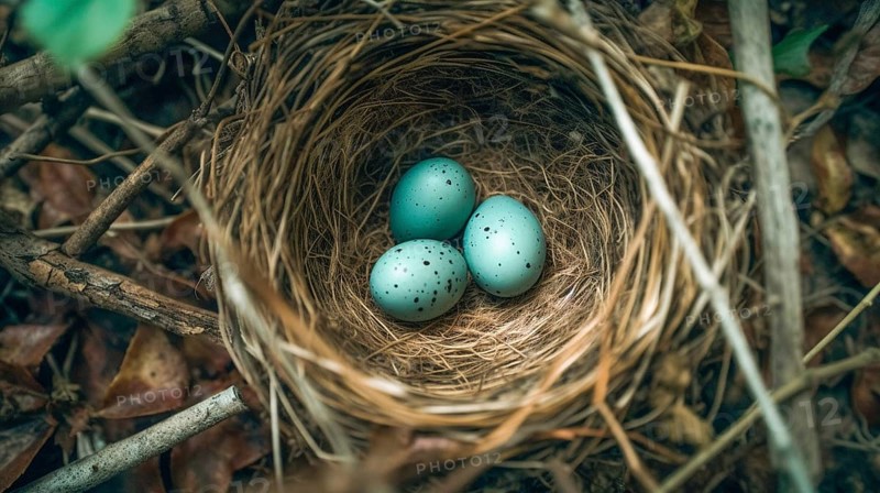 Bird nest with spotted robin eggs within in the tree, generative AI, AI generated
