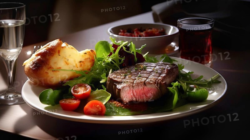 Fresh succulent top sirloin steak with sauteed vegetables on the flame grill, generative AI.- generative AI, AI generated