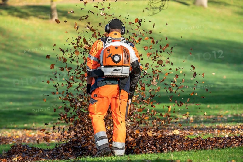 Leaf blower, removal of autumn leaves in a municipal park, Duisburg, North Rhine-Westphalia, Germany, Europe