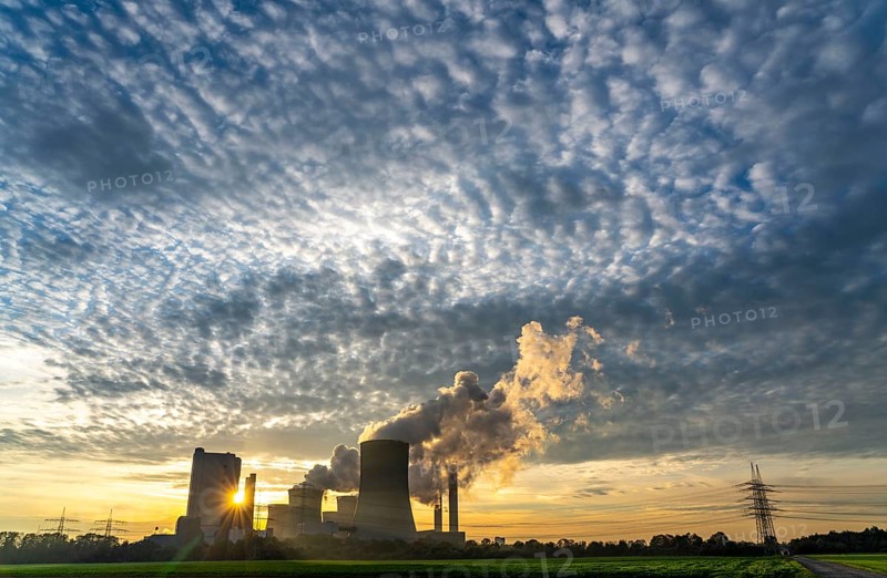 Lignite-fired power plant, RWE Power AG Niederaussem power plant, sunset, Bergheim, North Rhine-Westphalia, Germany, Europe