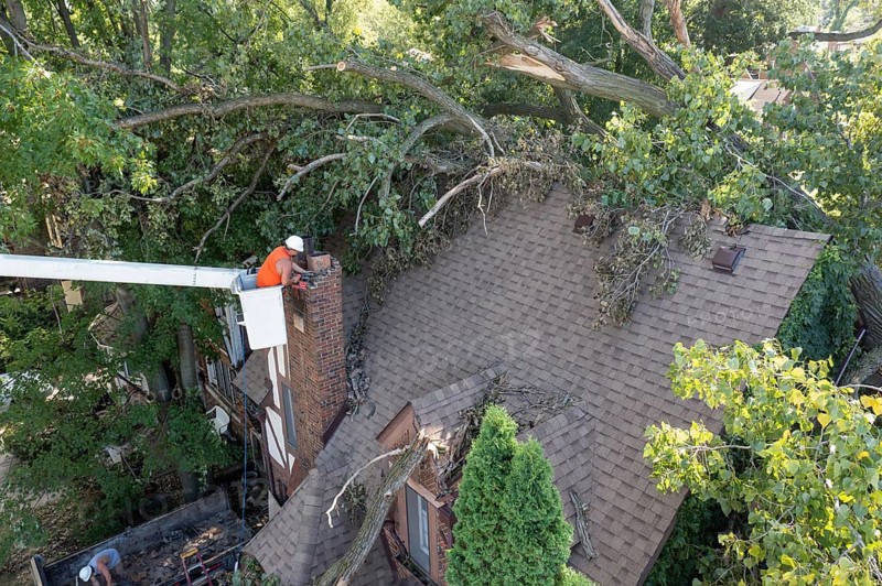 Detroit, Michigan, A worker dismantles a brick chimney after a storm with 70mph wind gusts blew down a 15-ton, 110-foot cottonwood. The tree cracked the chimney, leaving it leaning and threatening to crash through the home's roof