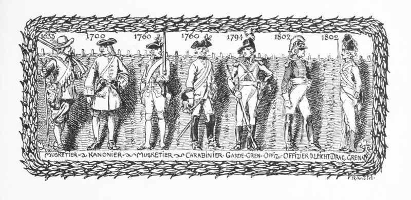 Uniform plate, men, soldiers with historical uniforms and weapons from the years 1633 to 1802, musketeer, cannoneer, carabinier, guard grenadier officer, light dragoons, grenadier, historical illustration from 'Zur Erinnerung an die Königlich Hannoversche Armee und ihre Stammtruppen', commemorative sheet for the celebration of 19 December 1903, Meisenbach, Riffarth & Co., Germany, Europe