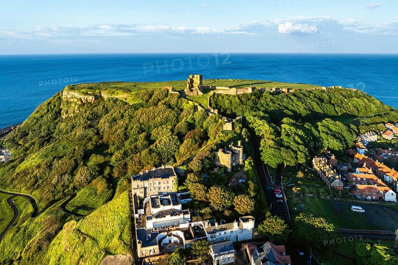 Scarborough Castle from a drone, Scarborough, North Yorkshire, England, United Kingdom, Europe