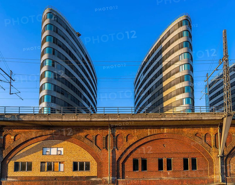Evening sun, high-rise buildings of the BVG customer centre on Holzmarktstraße, Friedrichshain-Kreuzberg, Berlin, Germany, Europe