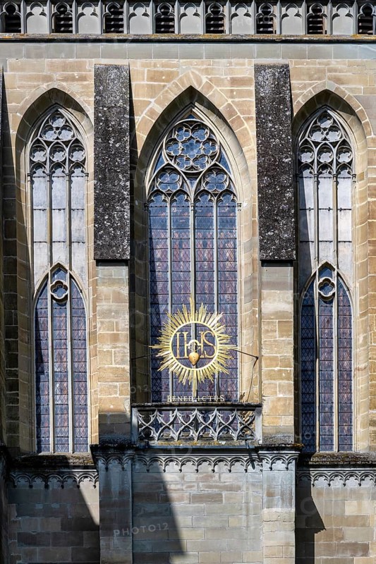 Detailed view, east facade of Salem Minster, tracery, church windows, Gothic architectural style, Salem, Lake Constance, Lake Constance district, Baden-Württemberg, Germany, Europe