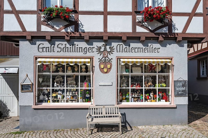 Altstadtgasse, Engelgasse with the old workshop, the gift shop, historic half-timbered building and place of interest in Gengenbach, Ortenaukreis, Baden-Württemberg, Germany, Europe