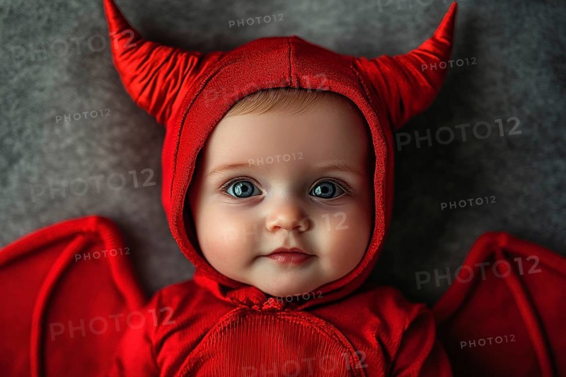 Cute baby wearing red Halloween devil costume hoodie with horns and wings. Generative Ai, AI generated