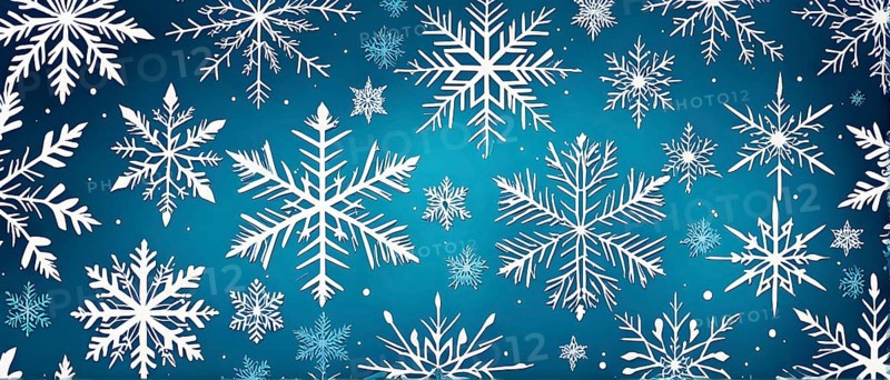 Abstract pattern of snowflakes in varying sizes and shapes in soft white and blue gradients, AI generated