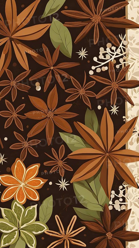 Abstract wallpaper illustration of Christmas spices like cinnamon sticks, star anise, and cloves, AI generated