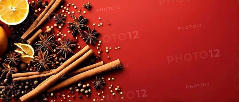 Abstract wallpaper illustration of Christmas spices like cinnamon sticks, star anise, and cloves, AI generated