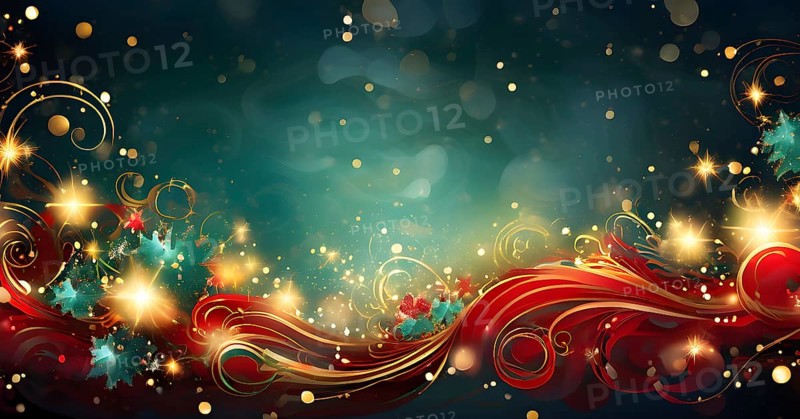 Abstract wallpaper illustration of Christmas symbols for gift cards, swirling shapes and lines, in red green and golden colors, AI generated