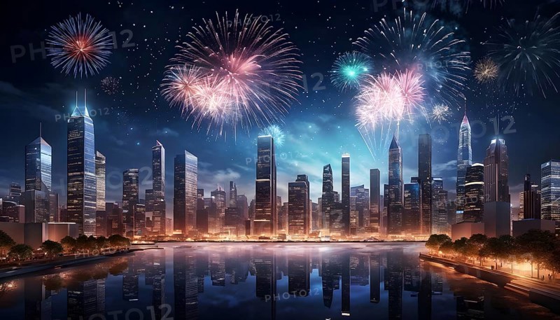 Wallpaper illustration of a cityscape on New Year's Eve, with glowing skyscrapers and floating holographic fireworks, blending a sense of festive atmosphere, AI generated