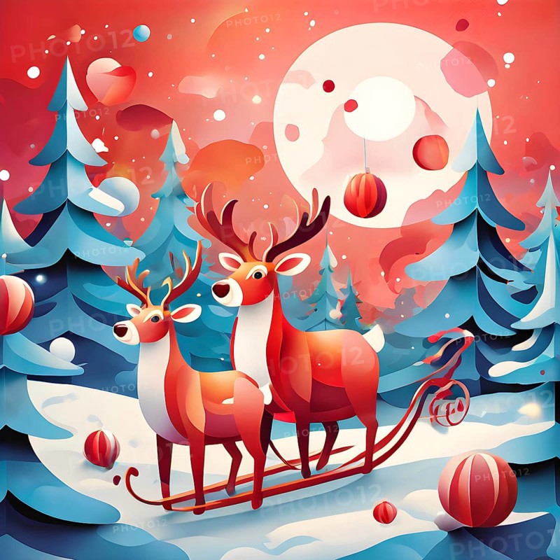 Whimsical abstract scene with stylized reindeer and sleighs to capture the magic of Christmas, AI generated