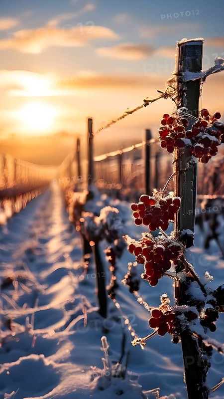 AI generated close up of grapevines in winter in the vineyard with snow blankets dormant vines and ambient light