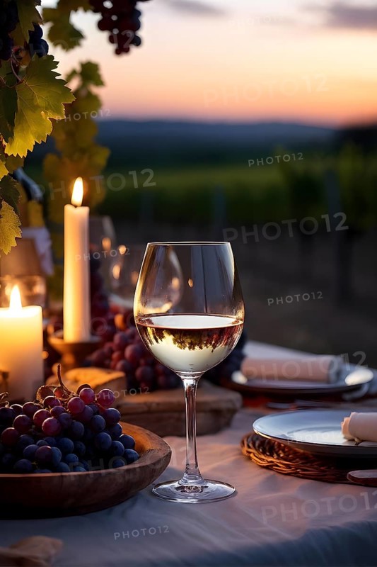 AI generated wine tasting table setup with wine and vine grapes nestled subtly amidst a thriving vineyard bathed in golden hour light