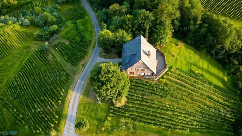 AI generated aerial view of a rustic vineyard cottage nestled amidst lush summer colored vine leaves