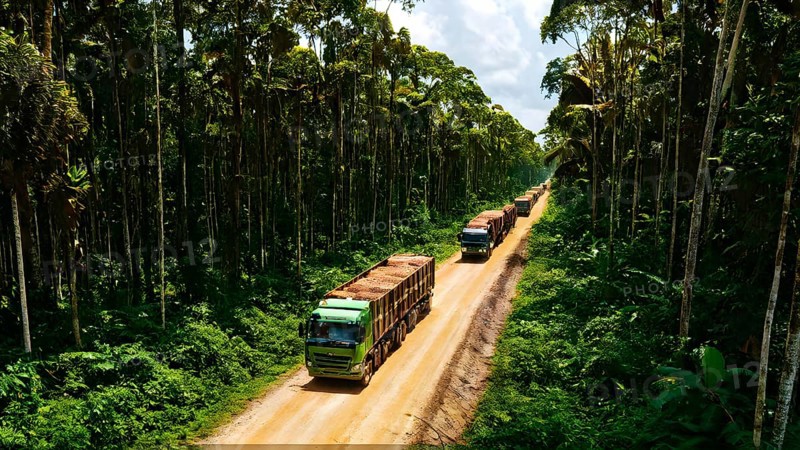 Trucks loaded with freshly cut timber wind through the narrow paths of the diminishing amazon rainforest, AI generated