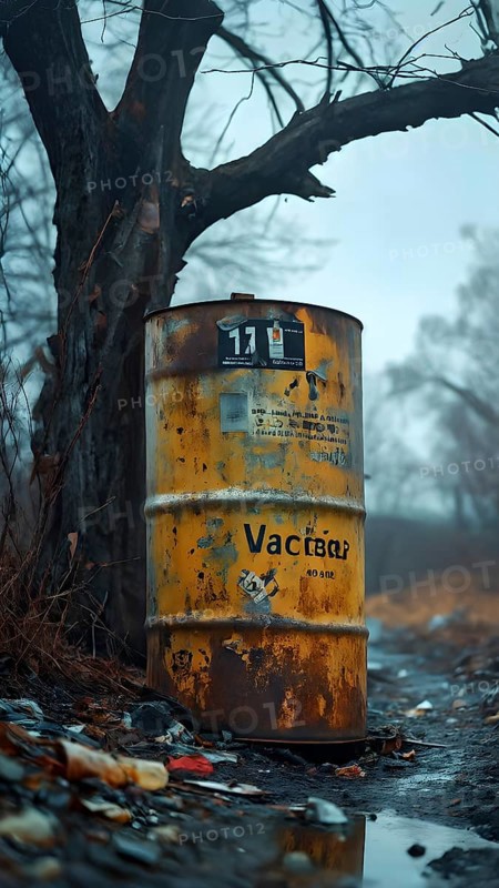 Representation of illegal nuclear waste barrel leaking radioactive material, AI generated