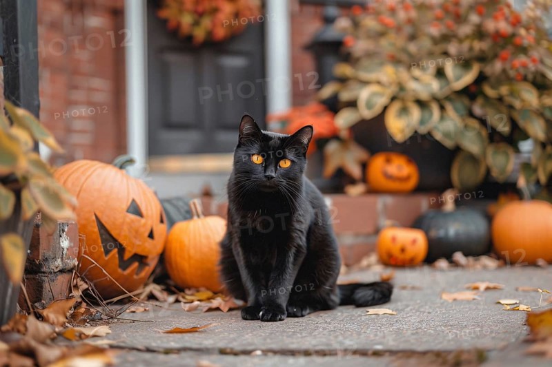 Cute black cat sitting in front of carved Halloween pumpkins, Generative Ai, AI generated