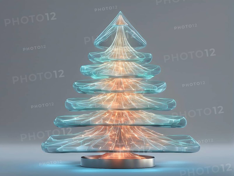 A three dimensional rendering of a futuristic Christmas tree made of glowing, semi-transparent glass, AI generated