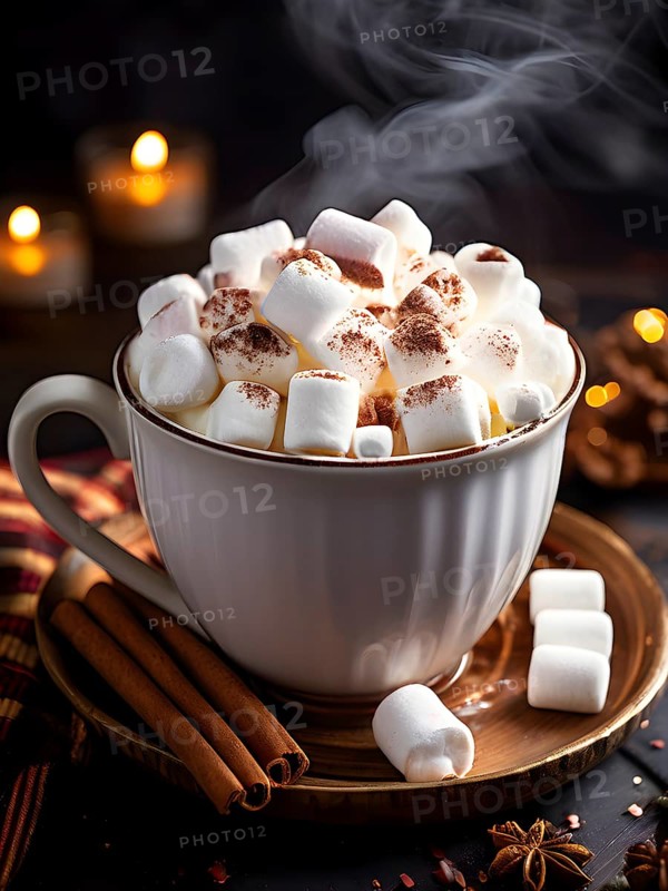 A close-up of a steaming cup of hot cocoa topped with marshmallows, surrounded by cinnamon sticks, candy canes, and a plaid blanket, evoking a warm, festive feel, AI generated