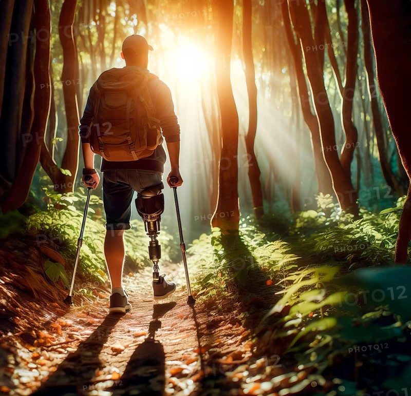 A man with an amputated leg and a prosthesis walks through the forest, symbolic image people with disabilities, handicap, healthcare, disease, amputation, AI generated, AI generated