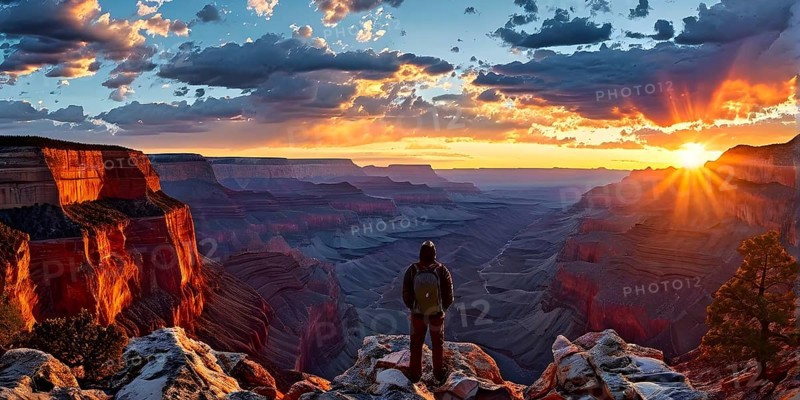 Sunrise over grand canyon in vibrant colors casting light on overhanging rock formations, AI generated