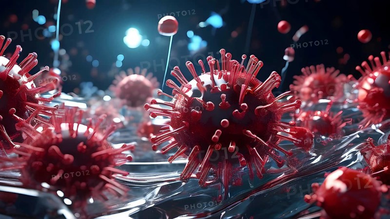 3d illustration showcasing a cluster of intertwining viruses detailed to expose spikes and receptors, AI generated