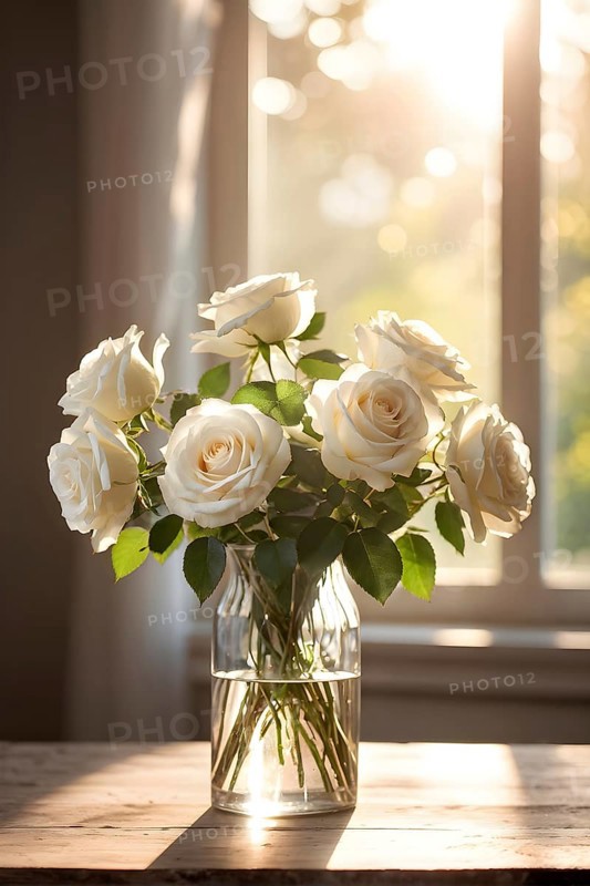 Vase of white roses aligned on an aged oak wood table, AI generated