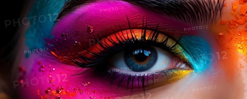 Close up of eye featuring vibrant colored eyelids with intense eye shadow, AI generated
