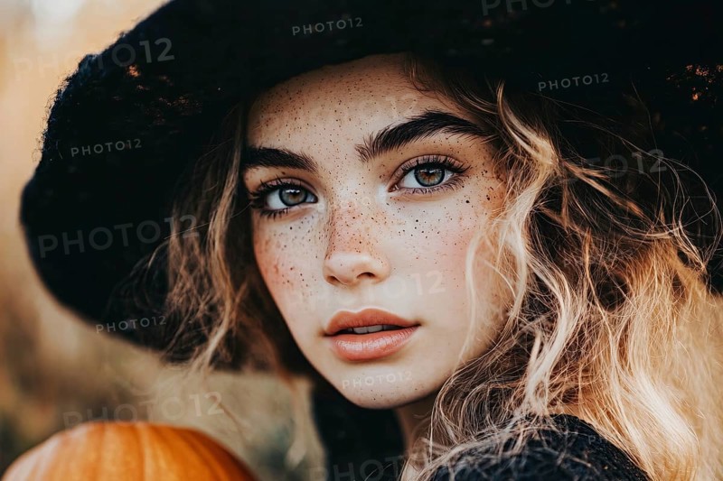Beautiful young woman with black Halloween witch costume with hat. Generative Ai, AI generated