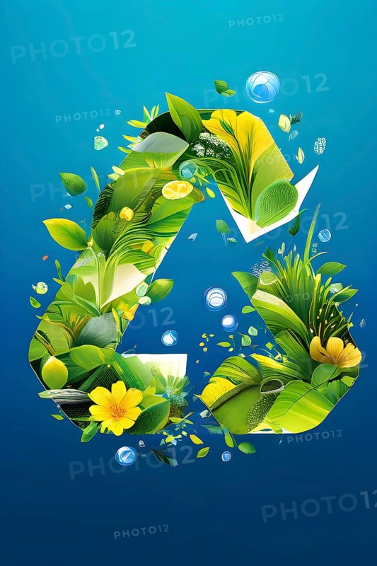 Recycling symbol morphing into growing plants and solar cells to symbolize the transformation of waste into renewable resources, AI generated