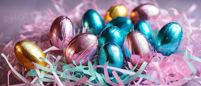 Small chocolate Easter eggs wrapped in shiny foil, placed on a bed of shredded pastel-colored paper, AI generated