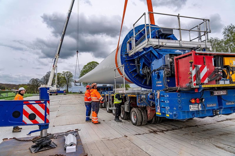 Preparation for the transport of a 68 metre long blade, a wind turbine, with a self-propelled Blade-Lifter vehicle, over a 40 km long route in the Bergisches Land, through towns, villages, over country roads, narrow through roads, to the construction site of the wind turbine near Hagen, North Rhine-Westphalia, Germany, Europe